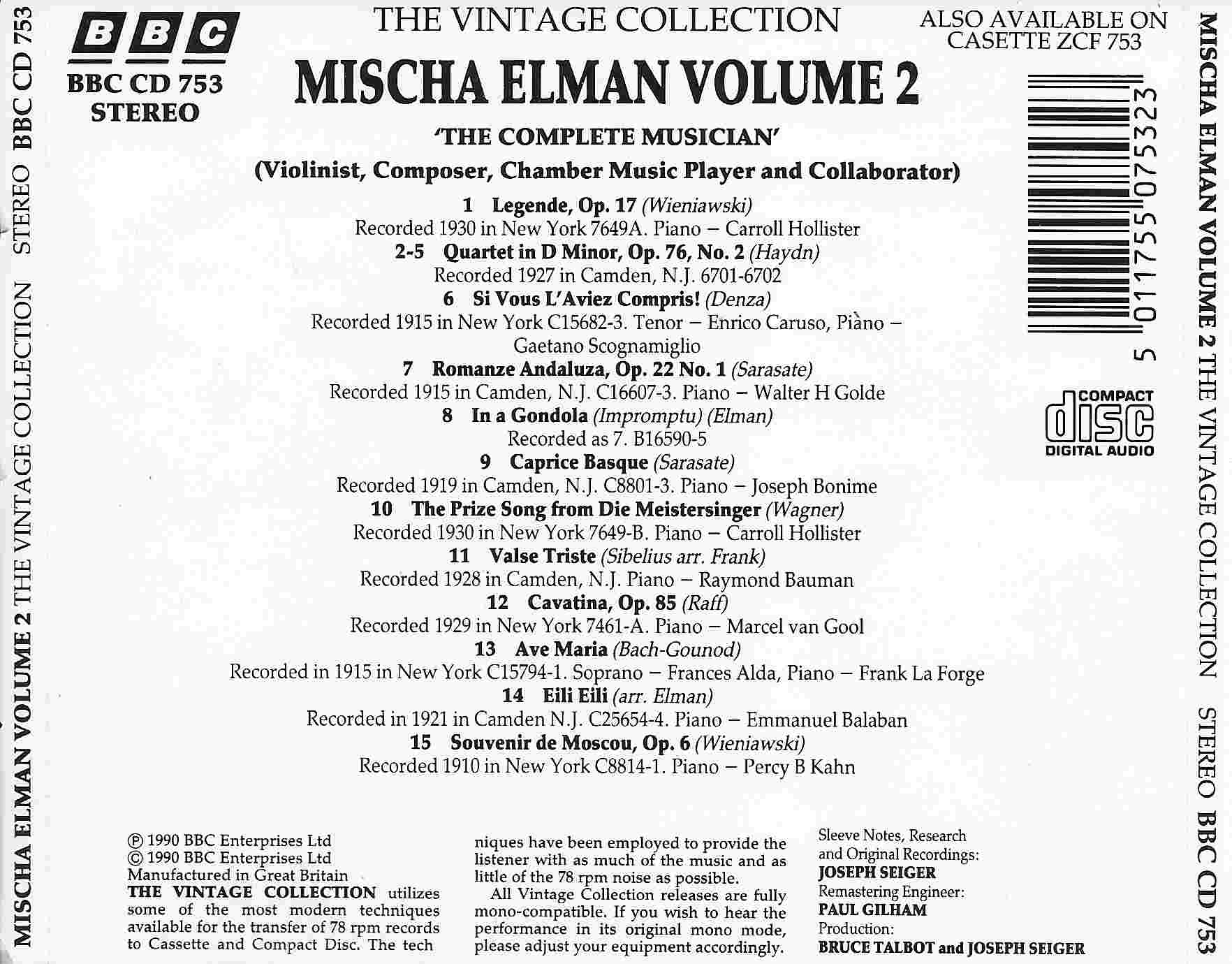 Picture of BBCCD753 The vintage collection - Mischa Elman 2 by artist Mischa Elman from the BBC records and Tapes library